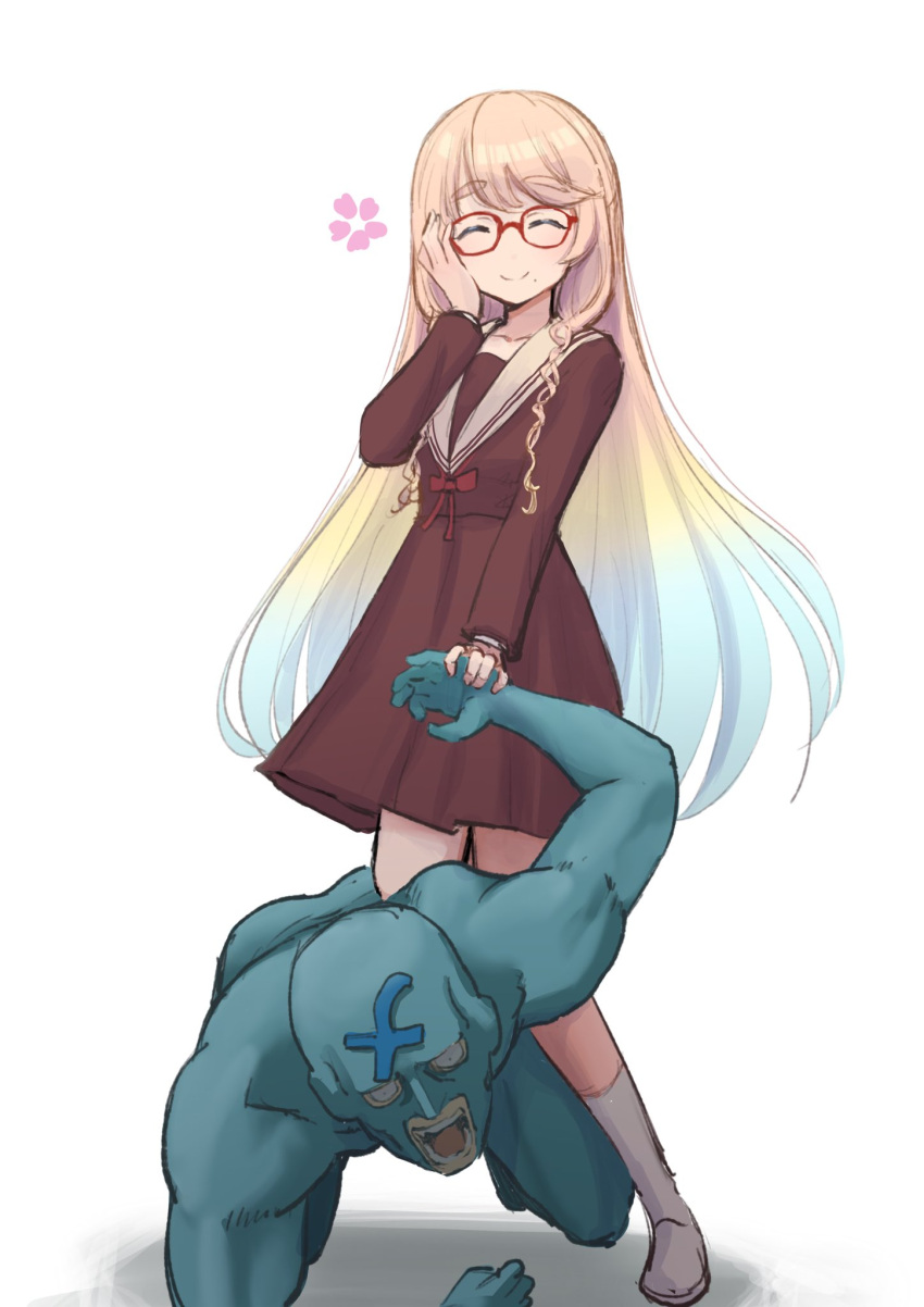 1boy 1girl arm_behind_back blonde_hair blue_bodysuit blue_hair blue_mask bodysuit brown_serafuku brown_shirt brown_skirt cherry_blossoms constricted_pupils false_smile flower_(symbol) frimomen_(voicepeak) glasses gradient_hair hand_grab hand_on_own_cheek hand_on_own_face haruno_sora highres kimutomo_2 kneehighs long_sleeves mole mole_under_mouth multicolored_hair muscular muscular_male open_mouth pain prostration sailor_collar school_uniform serafuku shirt skirt smile socks standing standing_on_one_leg submission_hold thick_eyebrows voicepeak voiceroid white_sailor_collar wide-eyed wrestling