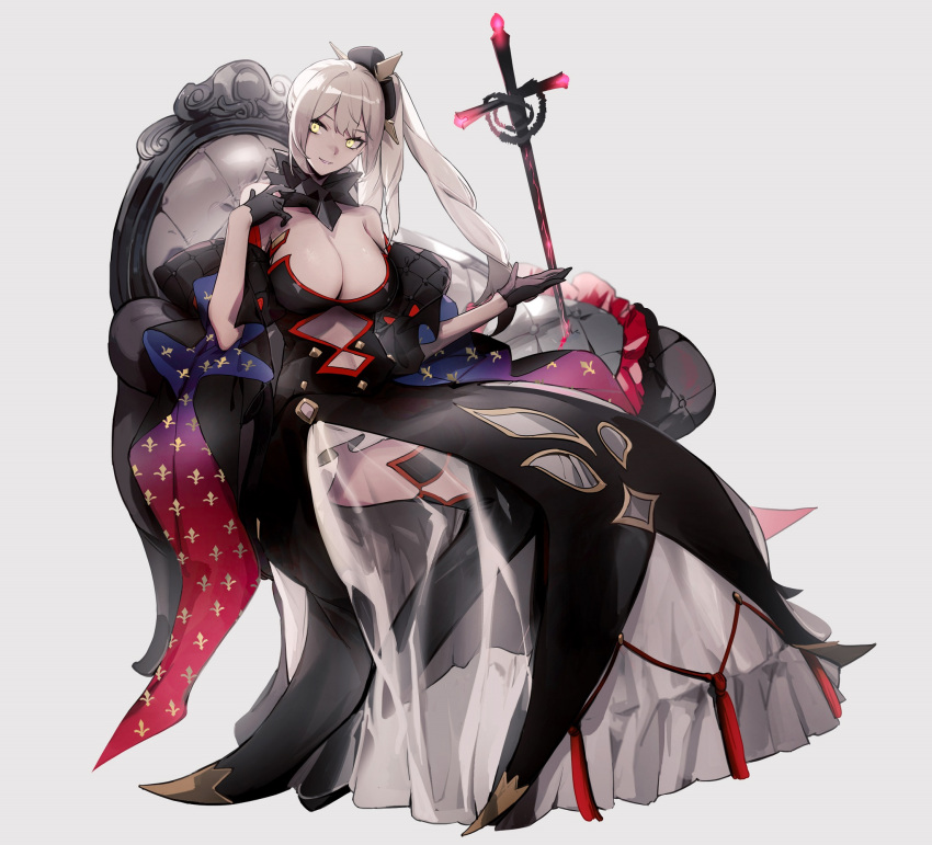 1girl bare_shoulders black_dress black_gloves breasts chair cleavage detached_collar dress fate/grand_order fate_(series) full_body gloves hair_ornament half_gloves highres large_breasts long_hair looking_at_viewer marie_antoinette_(alter)_(fate) marie_antoinette_(fate) no-kan off_shoulder pale_skin see-through see-through_skirt side_ponytail sitting skirt smile solo sword very_long_hair weapon white_background white_hair yellow_eyes