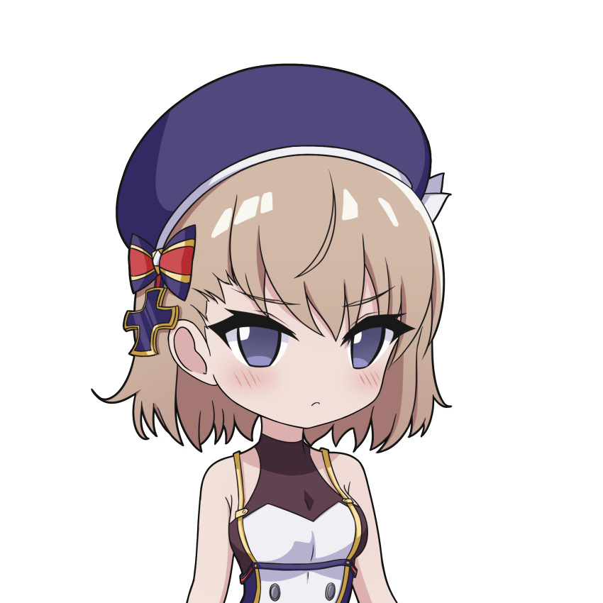 1girl azur_lane bare_shoulders beret blue_headwear blush bow breasts brown_hair closed_mouth commentary_request cross hair_bow hat hat_bow highres iron_cross looking_at_viewer medium_breasts purple_eyes rock_zinc simple_background solo striped_bow upper_body white_background white_bow z23_(azur_lane)