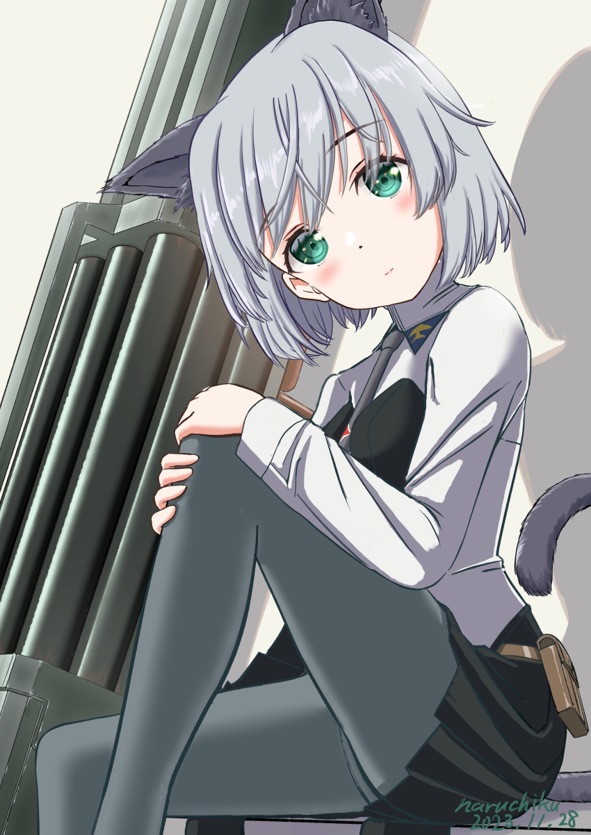 1girl absurdres animal_ears artist_name blush breasts cat_ears cat_tail commentary_request dated green_eyes grey_background grey_hair highres light_smile looking_at_viewer military_uniform naruchisukisuki necktie pantyhose rocket_launcher sanya_v._litvyak shadow simple_background sitting small_breasts solo strike_witches tail uniform weapon world_witches_series