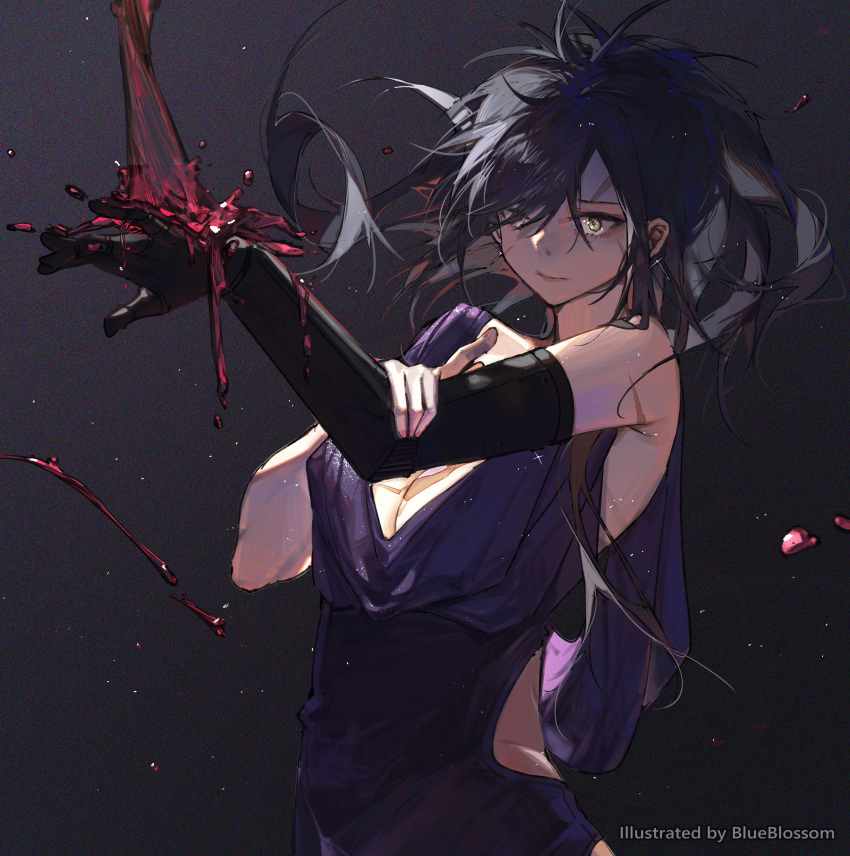 1girl absurdres angelia_(girls'_frontline) artist_name black_background black_hair blueblossom breasts brown_eyes cleavage closed_mouth cross cross_earrings dress earrings evening_gown girls'_frontline hair_over_one_eye highres holding_own_arm jewelry large_breasts long_hair mechanical_arms purple_dress red_wine scar scar_on_arm scar_on_chest scar_on_face scar_on_forehead simple_background single_mechanical_arm solo