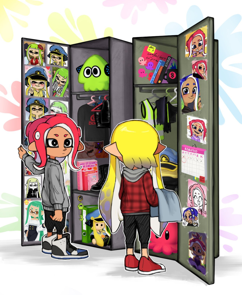 2girls :d agent_3_(splatoon) agent_8_(splatoon) black_eyes black_footwear black_pants black_sweater blonde_hair blue_headwear blush book breasts calendar_(object) camisole cleavage clothes_hanger commentary cup dress english_commentary flower from_behind grey_sweater hair_flower hair_ornament heart high-visibility_vest highres jacket locker looking_at_another looking_back looking_down mug multiple_girls octoling_boy octoling_girl octoling_player_character pants photo_(object) plaid plaid_jacket red_dress red_footwear red_hair shoes shorts smile sneakers splatoon_(series) stuffed_toy suction_cups sweater tentacle_hair unamused yurami18