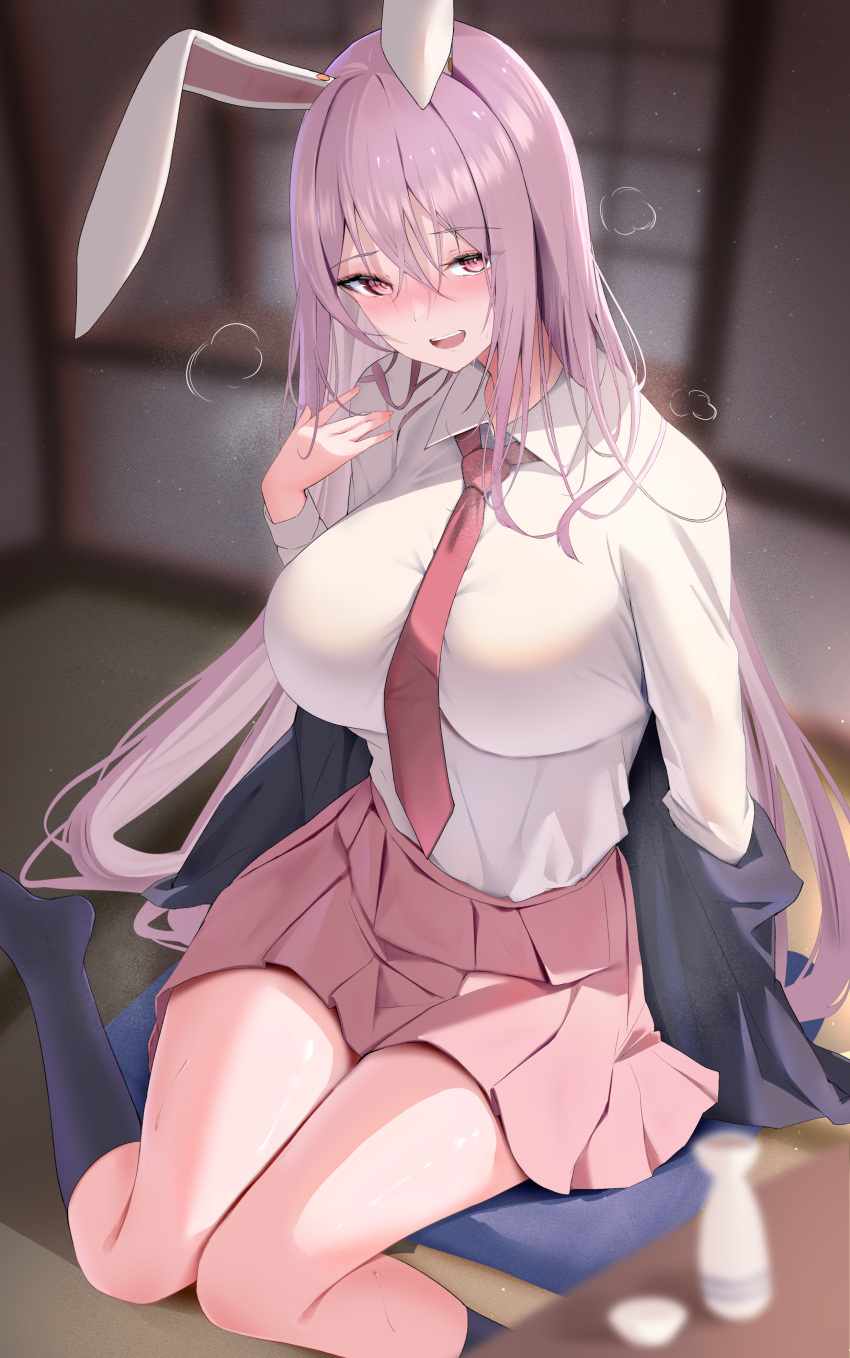 1girl 258n absurdres animal_ears blush breasts collared_shirt cushion hair_between_eyes highres indoors large_breasts long_hair long_sleeves looking_at_viewer open_mouth pink_skirt pleated_skirt purple_hair rabbit_ears red_eyes reisen_udongein_inaba shirt skirt solo tatami touhou white_shirt zabuton