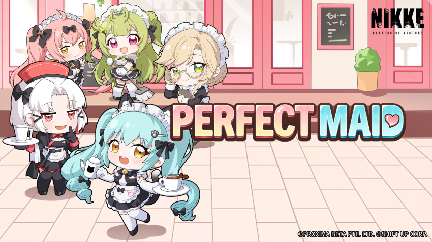 5girls ade_(nikke) ahoge animal_ears animal_print antenna_hair apron aqua_hair bell black_bow black_dress black_footwear black_ribbon black_thighhighs blonde_hair bow brown_eyes cat_ears cat_print cat_tail chibi closed_mouth cocoa_(nikke) commentary copyright_name cup dot_nose drake_(nikke) dress english_commentary english_text frilled_apron frills full_body glasses gloves goddess_of_victory:_nikke green_eyes green_hair green_necktie grey_hair hair_ornament hair_ribbon hairclip highres holding holding_plate juliet_sleeves light_blush long_hair long_sleeves looking_at_viewer maid_headdress multiple_girls neck_bell neck_ribbon necktie official_art open_mouth parted_bangs pink_eyes pink_hair plant plate potted_plant privaty_(nikke) privaty_(unkind_maid)_(nikke) puffy_sleeves red_eyes red_headwear ribbon round_teeth semi-rimless_eyewear soda_(nikke) spilling standing standing_on_one_leg swept_bangs tail teeth thighhighs twintails upper_teeth_only v-shaped_eyebrows very_long_hair waist_apron white_apron white_gloves white_thighhighs