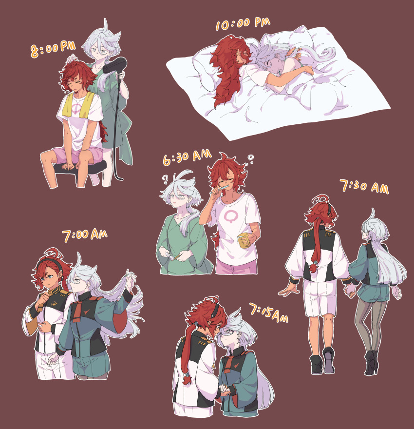 2girls ? absurdres adjusting_clothes adjusting_necktie ahoge asticassia_school_uniform black_hairband brown_background brushing_teeth closed_eyes closed_mouth commentary cropped_legs cup drying drying_hair eye_contact green_eyes green_jacket green_shirt green_shorts grey_eyes gundam gundam_suisei_no_majo hair_dryer hairband hand_on_another's_back highres holding holding_cup holding_hair_dryer holding_hands holding_toothbrush jacket joker_(jjjokerrr233) long_hair long_sleeves looking_at_another miorine_rembran morning multiple_girls necktie pajamas parted_lips pillow pink_shorts ponytail red_hair red_necktie school_uniform shirt shorts simple_background sitting sleeping sleepy smile spilling suletta_mercury thick_eyebrows toothbrush toothpaste towel towel_around_neck under_covers waking_up white_hair white_jacket white_shirt white_shorts yellow_necktie yellow_towel yuri