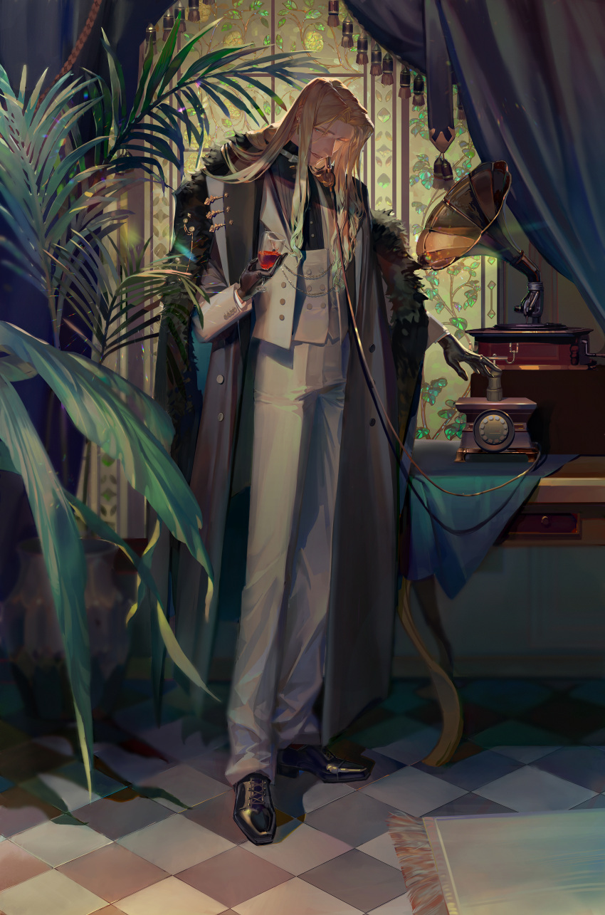 024_(1a41a4) 1boy absurdres antique_phone black_coat black_footwear blonde_hair buttons carpet character_request checkered_floor closed_mouth coat cup drinking_glass fate/grand_order fate_(series) full_body fur-trimmed_coat fur_trim grey_suit hand_up highres holding holding_cup indoors light_particles long_hair long_sleeves looking_down male_focus phone phonograph plant rotary_phone shoes sidelocks solo stained_glass standing suit wine_glass