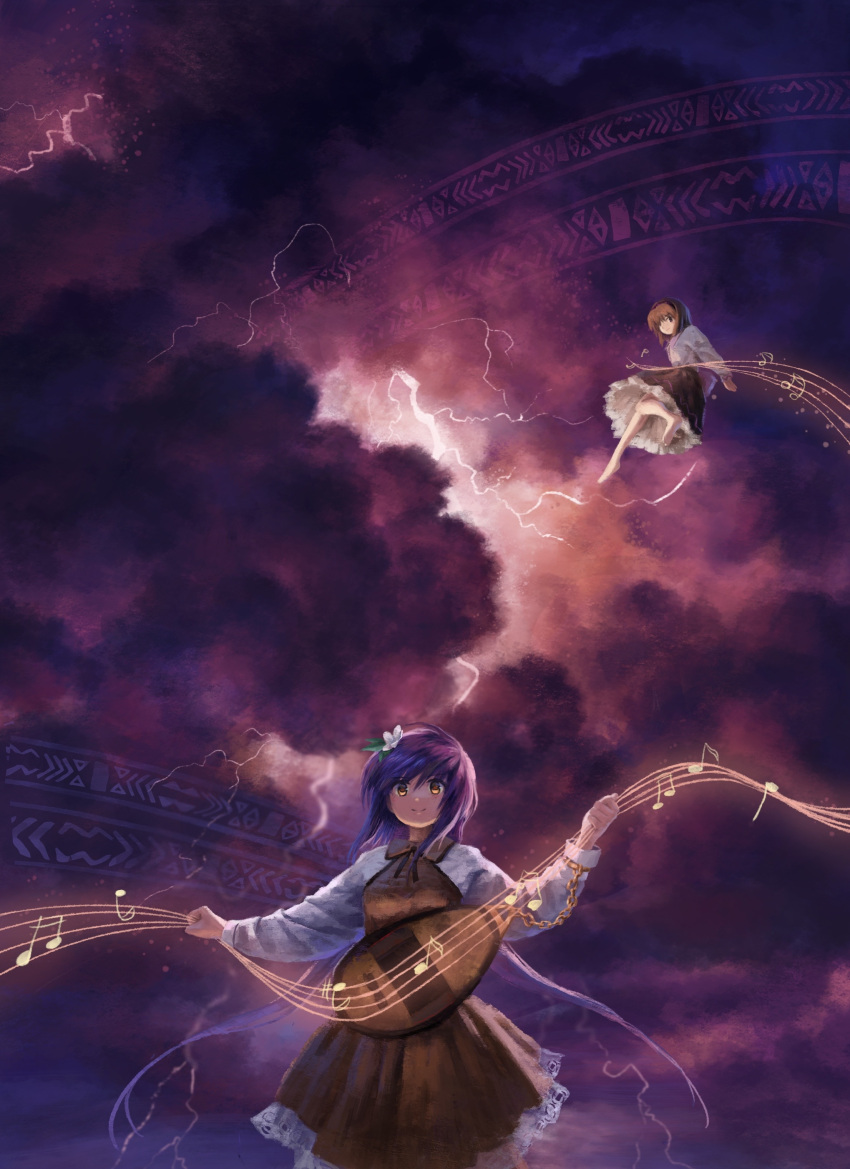 absurdres barefoot biwa_lute black_skirt brown_dress brown_eyes brown_hair chain cloud dark_clouds dress flower hair_flower hair_ornament headband highres instrument lightning long_hair long_sleeves low_twintails lute_(instrument) musical_note orange_eyes purple_hair purple_headband purple_sky satellitedragon short_hair siblings sisters skirt sky smile storm touhou tsukumo_benben tsukumo_yatsuhashi tsukumogami twintails white_flower