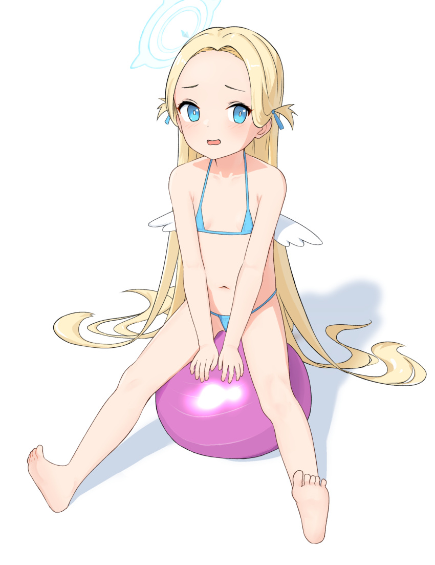 1girl alternate_costume angel_wings arm_support ball barefoot bikini blonde_hair blue_archive blue_bikini blue_eyes blue_halo blush commentary feathered_wings forehead full_body halo highres long_hair looking_to_the_side micro_bikini mini_wings navel open_mouth parted_bangs shin_(shincrz) simple_background sitting soles solo sora_(blue_archive) string_bikini swimsuit very_long_hair white_background white_wings wings