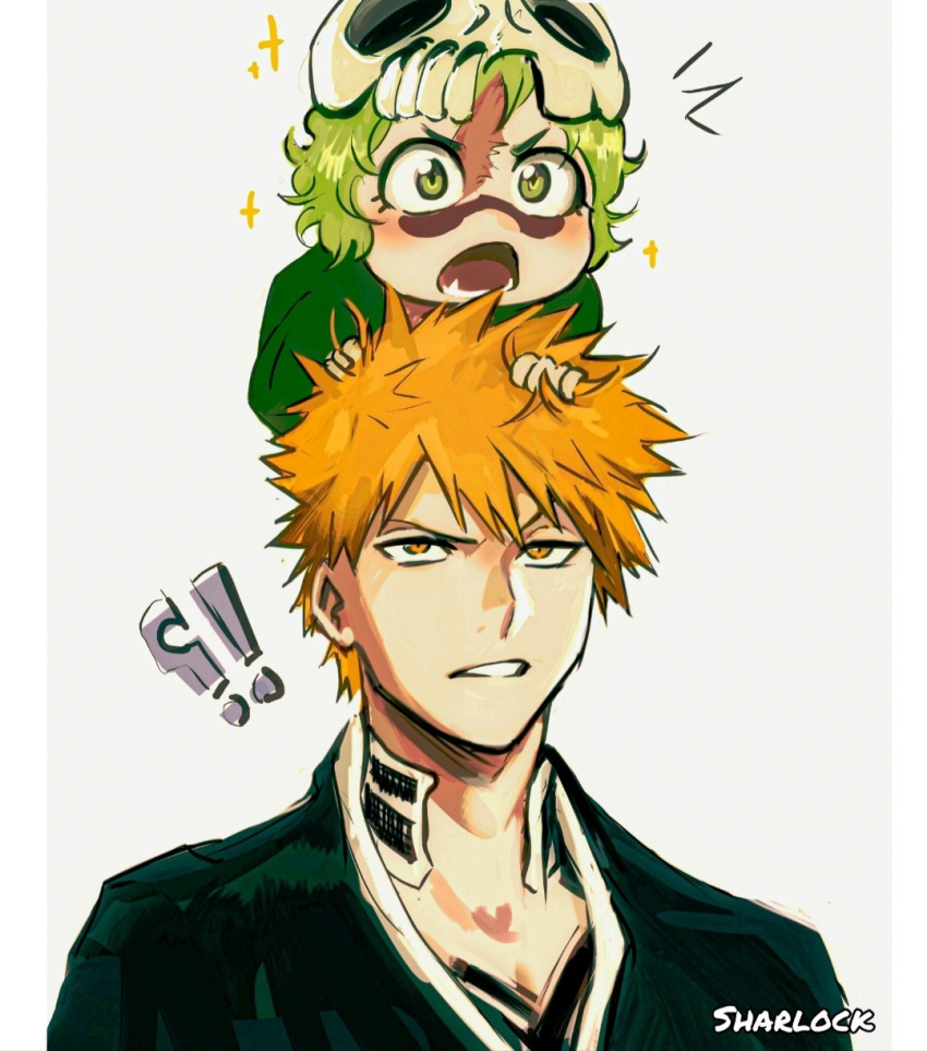 !? 1boy 1girl arrancar artist_name bleach bleach:_sennen_kessen-hen broken_mask facial_mark green_eyes green_hair hand_on_another's_head highres kurosaki_ichigo looking_up lower_teeth_only mask nelliel_tu_odelschwanck on_person open_mouth orange_eyes orange_hair raised_eyebrow scar scar_on_face scar_on_forehead sharl0ck shihakusho shinigami skull_mask smock sparkle teeth upper_body white_background