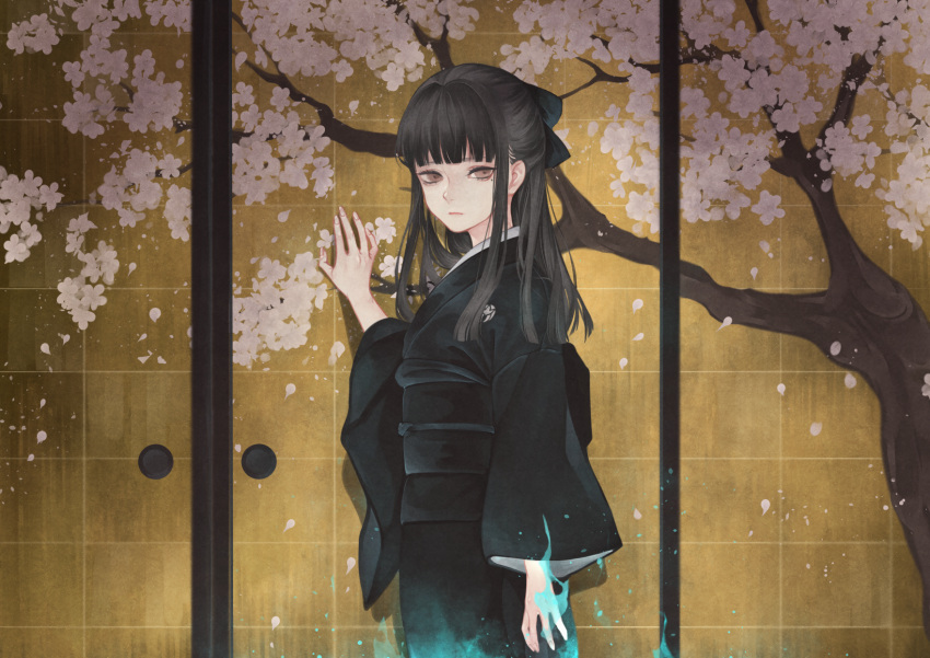 1girl arm_at_side black_kimono black_ribbon blue_fire blunt_bangs brown_eyes cherry_blossoms cowboy_shot fire from_side gegege_no_kitarou half_updo hand_up highres japanese_clothes kimono kitarou_tanjou:_gegege_no_nazo long_sleeves looking_at_viewer looking_to_the_side nejimaki_oz obi painting_(object) petals ribbon ryuuga_sayo sash shouji sidelocks sliding_doors solo