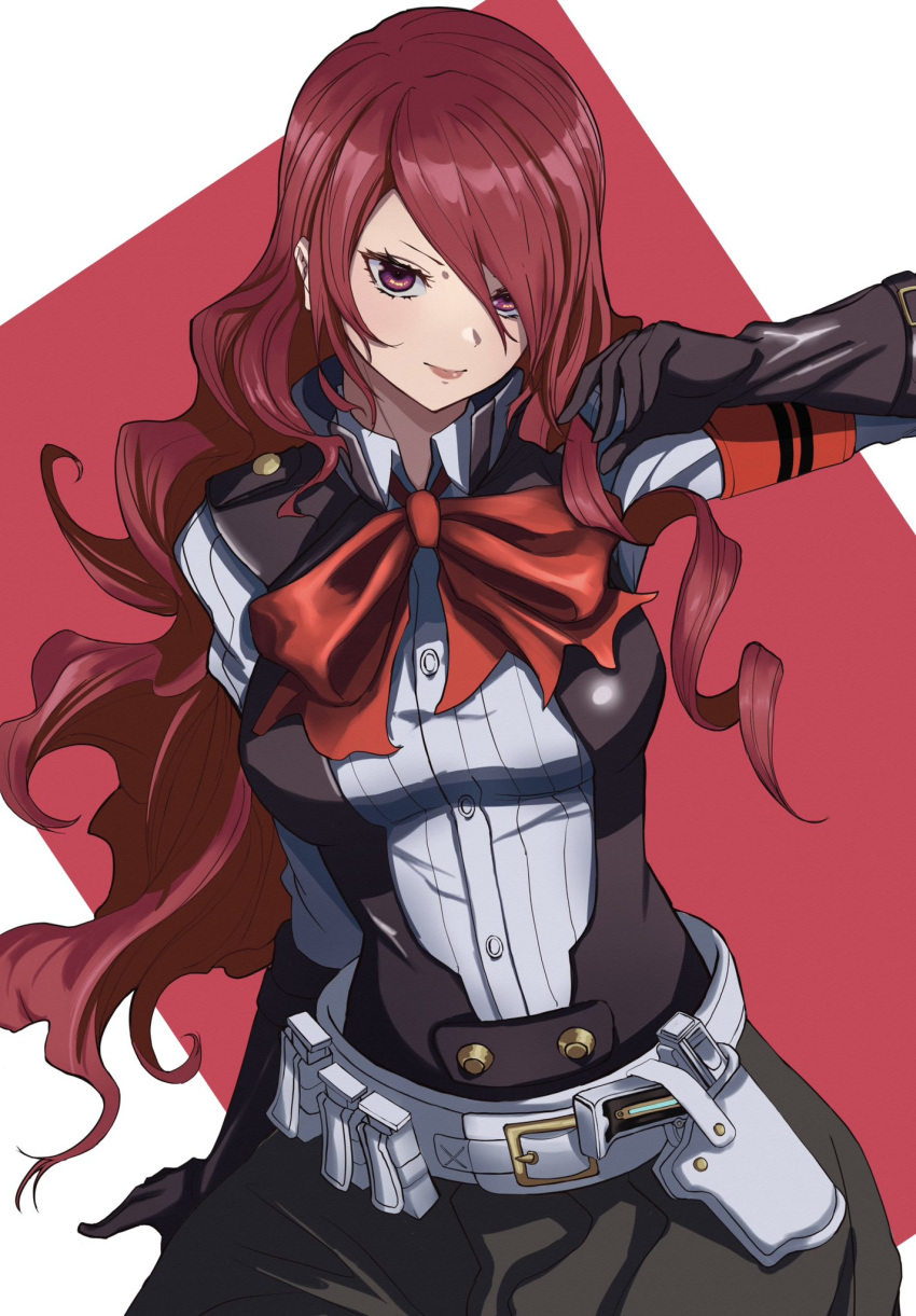 1girl belt belt_buckle black_gloves black_jacket black_skirt bow bowtie breasts buckle closed_mouth collared_shirt curly_hair evoker gloves hair_over_one_eye hand_up highres jacket kirijou_mitsuru large_breasts long_hair long_sleeves looking_at_viewer persona persona_3 persona_3_reload red_bow red_bowtie red_eyes red_hair red_lips ribbed_shirt s-m-53413 shirt skirt smile solo swept_bangs upper_body white_shirt