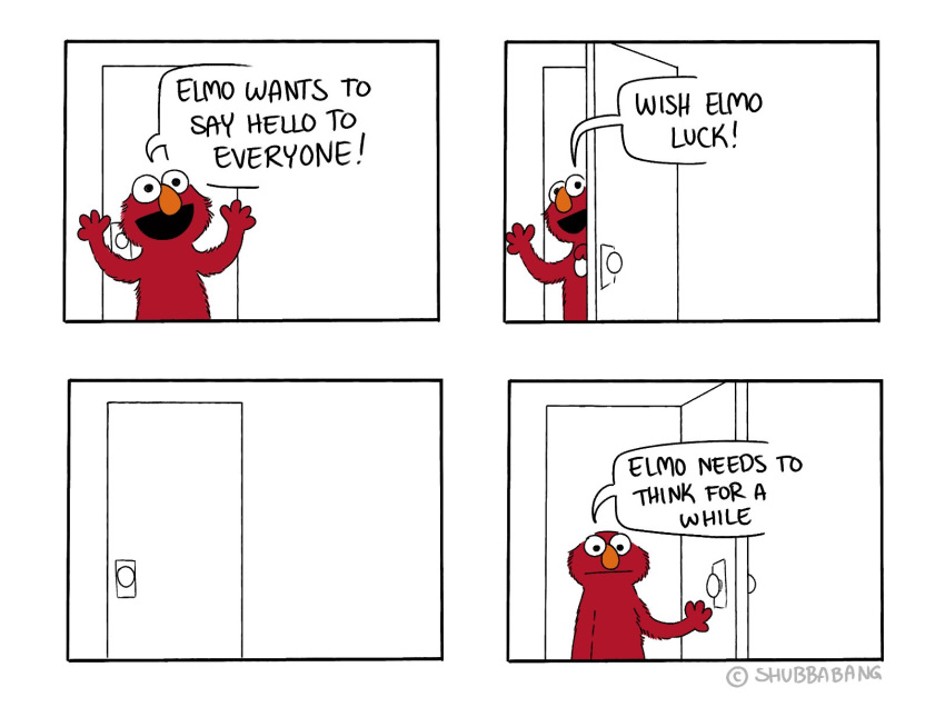 anthro biped closed_door comic door elmo english_text fur happy hi_res male monster open_door orange_nose red_body red_fur sad shubbabang simple_eyes solo speech_bubble text