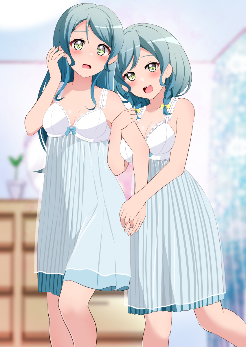 2girls absurdres aqua_hair arm_grab bang_dream! blurry blurry_background braid commentary_request commission depth_of_field hand_in_own_hair highres hikawa_hina hikawa_sayo indoors kisaragi_setsu_(mssk8485) long_hair looking_at_viewer matching_outfits medium_hair multiple_girls nightgown open_mouth partial_commentary pixiv_commission siblings side_braids sisters sleepwear smile solo standing twin_braids yellow_eyes