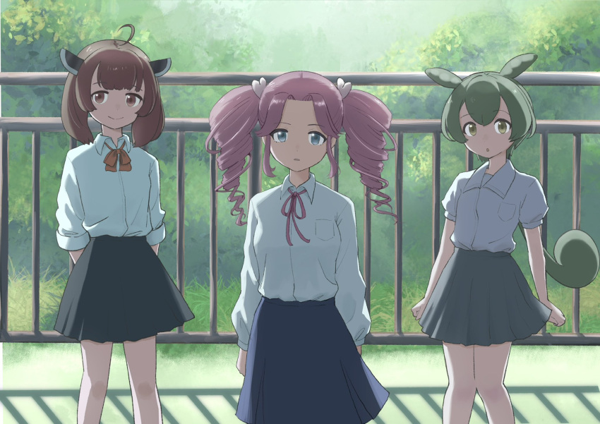 3girls :o ahoge alternate_costume alternate_eye_color arms_at_sides arms_behind_back backlighting black_skirt blue_eyes brown_eyes brown_hair closed_mouth collared_shirt commentary_request curtained_hair day dress_shirt drill_hair feet_out_of_frame foliage green_eyes green_hair headgear highres kimutomo_2 long_hair looking_at_viewer low_ponytail medium_hair multiple_girls neck_ribbon outdoors parted_lips pigeon-toed pink_hair pink_ribbon pleated_skirt railing red_ribbon ribbon school_uniform serious shadow shikoku_metan shirt skirt smile standing touhoku_kiritan twin_drills twintails utau voiceroid voicevox white_shirt zundamon