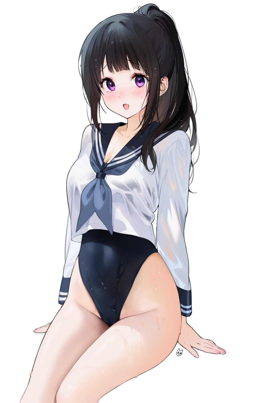 1girl arm_support black_hair black_one-piece_swimsuit blue_sailor_collar blunt_bangs blush breasts chitanda_eru cleavage covered_navel cropped_shirt grey_neckerchief highleg highleg_swimsuit highres hyouka invisible_chair long_hair long_sleeves looking_at_viewer mery_(yangmalgage) neckerchief one-piece_swimsuit open_mouth ponytail purple_eyes sailor_collar school_uniform see-through serafuku shirt simple_background sitting smile solo swimsuit swimsuit_under_clothes wet wet_clothes wet_hair wet_shirt wet_swimsuit white_background white_shirt