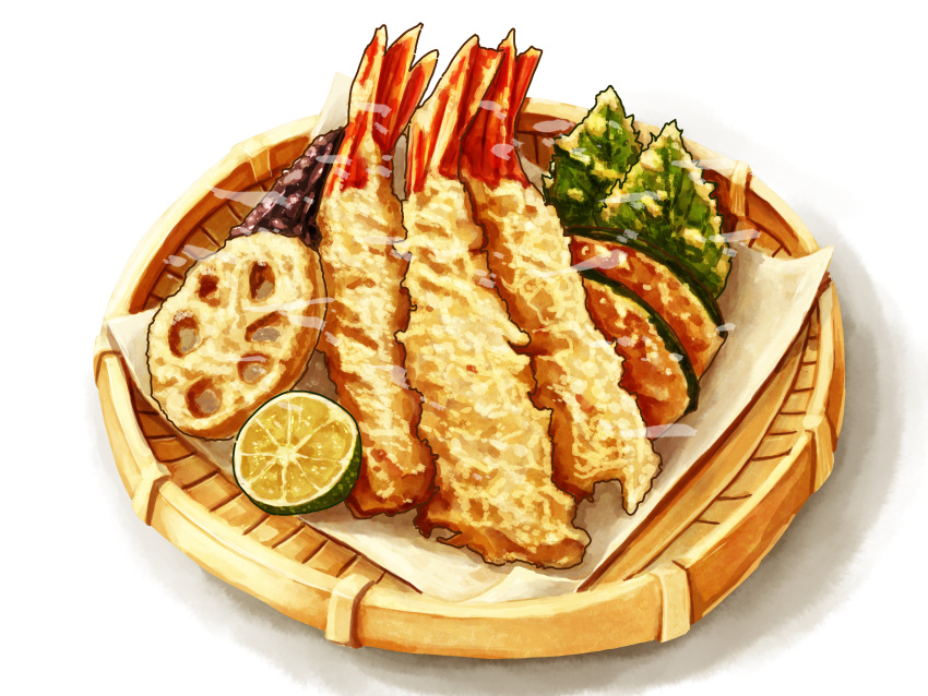 absurdres food food_focus fruit highres kaneko_ryou lime_(fruit) lime_slice no_humans original shrimp shrimp_tempura simple_background still_life tempura vegetable white_background