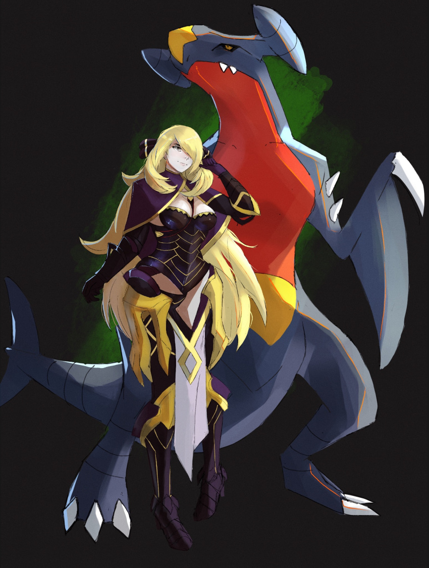 1girl 1other armor black_armor black_sclera blonde_hair breasts camilla_(fire_emblem) camilla_(fire_emblem)_(cosplay) claws cleavage colored_sclera company_connection cosplay cynthia_(pokemon) fire_emblem fire_emblem_fates garchomp hair_over_one_eye highres long_hair pokemon pokemon_(creature) pokemon_dppt rod_langhi smile spikes tail very_long_hair