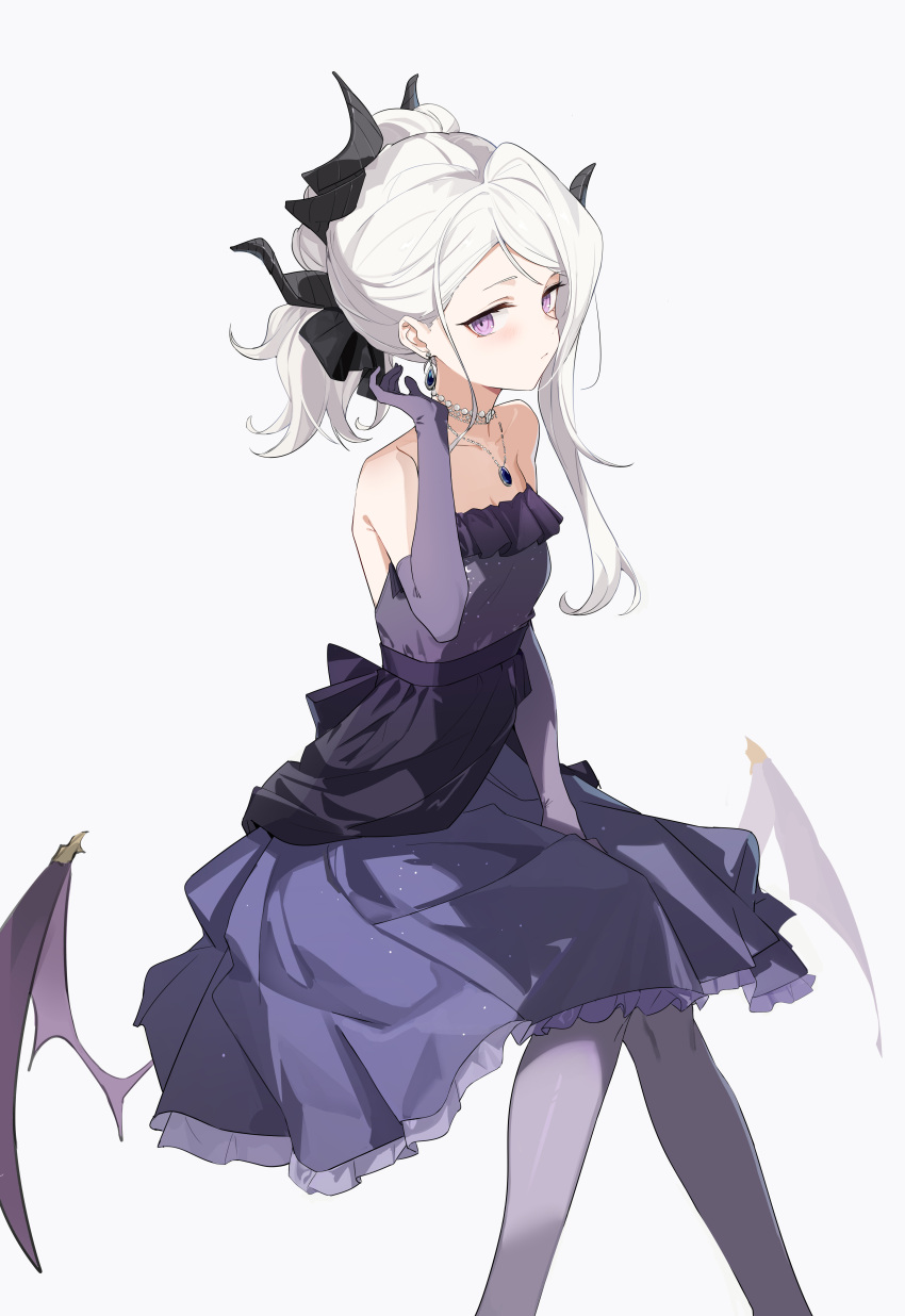 1girl absurdres bare_shoulders black_horns blue_archive chenmu_sora closed_mouth demon_girl demon_horns demon_wings dress earrings elbow_gloves evening_gown feet_out_of_frame gloves grey_hair halo hand_up highres hina_(blue_archive) hina_(dress)_(blue_archive) horns invisible_chair jewelry long_hair looking_at_viewer multiple_horns necklace official_alternate_costume official_alternate_hairstyle pantyhose purple_dress purple_eyes purple_gloves purple_pantyhose simple_background sitting solo strapless strapless_dress white_background wings