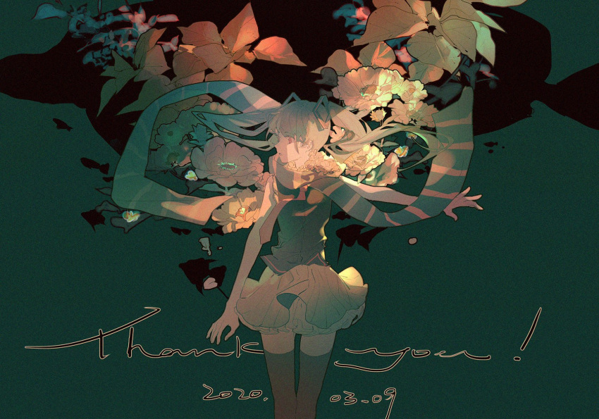 1girl bare_arms black_footwear black_thighhighs blue_hair blue_scarf cowboy_shot dated english_text floating_hair floral_background flower frilled_skirt frills green_background green_skirt hair_ornament hatsune_miku highres leaf lobelia_(saclia) long_hair looking_to_the_side miniskirt outstretched_arm parted_lips pink_eyes red_flower scarf shirt skirt sleeveless sleeveless_shirt solo striped_clothes striped_scarf thank_you thighhighs twintails vocaloid white_flower zettai_ryouiki