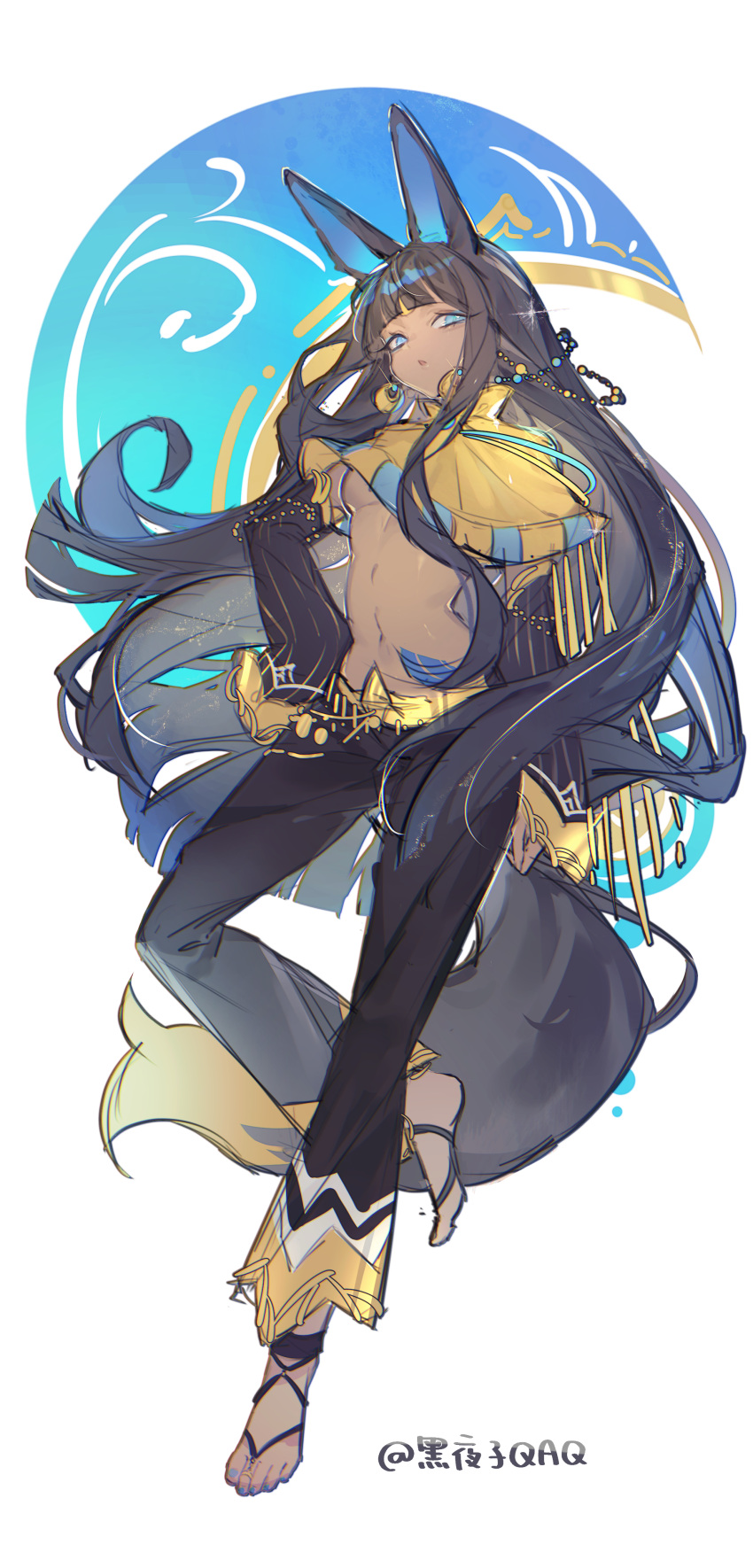 1girl absurdres animal_ears anubis_(palworld) black_hair black_pants black_tail blue_eyes blue_nails breasts chinese_commentary dark-skinned_female dark_skin detached_sleeves earrings egyptian full_body gold_trim hand_on_own_hip heiyazi_qaq highres jackal_ears jackal_girl jackal_tail jewelry leg_up long_hair long_sleeves midriff multicolored_tail nail_polish navel open_mouth palworld pants personification small_breasts solo striped_sleeves tail toe_ring toenail_polish toenails twitter_username two-tone_tail underboob vertical-striped_sleeves very_long_hair yellow_tail