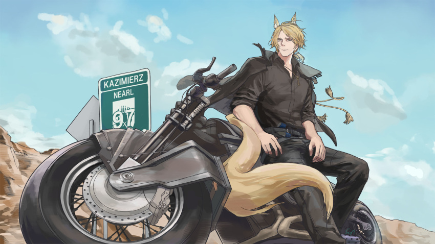 1boy animal_ear_fluff animal_ears arknights belt black_coat black_pants black_shirt blonde_hair blue_sky character_name cloud coat coat_on_shoulders day desert highres horse_boy horse_ears horse_tail leaning_on_object male_focus medium_hair mlynar_(arknights) motor_vehicle motorcycle outdoors pants setsuka_(okuna_sin) shirt sky sleeves_rolled_up solo tail yellow_eyes