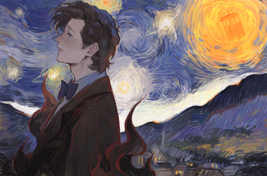 1boy brown_hair brown_suit doctor_who eleventh_doctor_(doctor_who) highres looking_to_the_side luminousslime solo starry_night_(van_gogh) suit