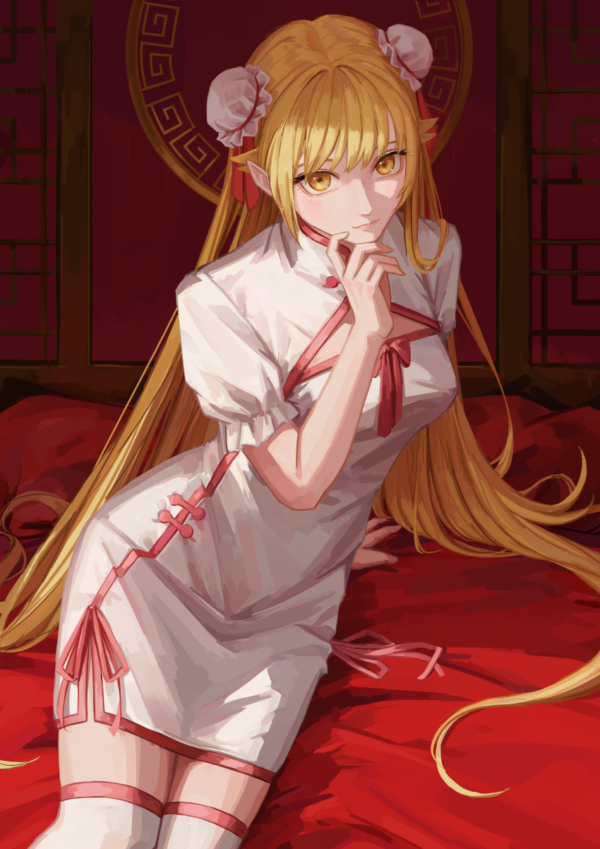 1girl absurdres arm_support blonde_hair bun_cover china_dress chinese_clothes closed_mouth dress highres long_hair looking_at_viewer monogatari_(series) nemo_ringo oshino_shinobu pointy_ears solo thighhighs white_dress white_thighhighs yellow_eyes