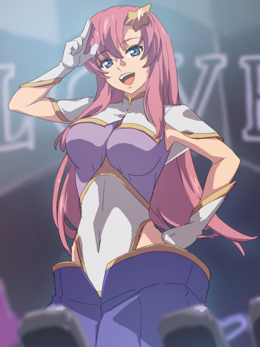 1girl armpits blue_eyes breasts chiharu_(9654784) covered_navel floating_hair gloves gundam gundam_seed gundam_seed_destiny hair_ornament highres large_breasts long_hair meer_campbell open_mouth parted_bangs pink_hair purple_skirt skirt smile solo star_(symbol) upper_body white_gloves
