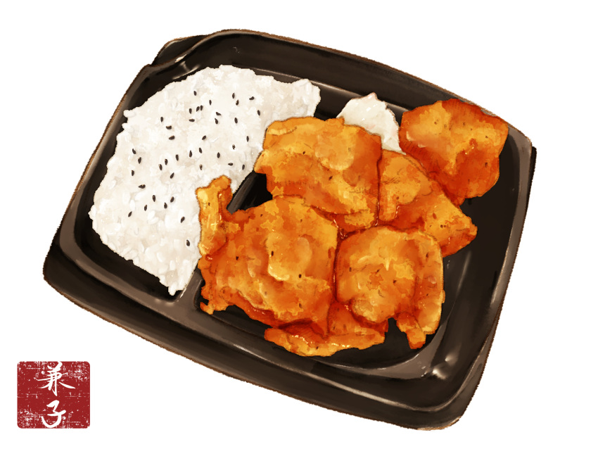 bento chicken_(food) clip_studio_paint_(medium) food food_focus fried_chicken highres kaneko_ryou no_humans original simple_background still_life white_background