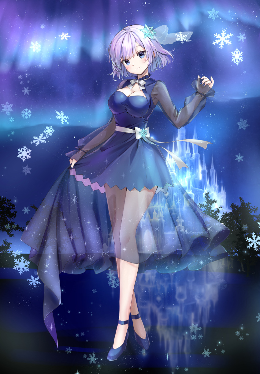 1girl alternate_costume aurora blue_dress blue_eyes blue_footwear bow bowtie breasts building cleavage closed_mouth commentary_request dress hair_ornament highres ice letty_whiterock looking_at_viewer nail_polish night night_sky reflection see-through see-through_skirt_layer see-through_sleeves shironeko_yuuki short_hair skirt_hold sky smile snowflake_hair_ornament snowflakes solo star_(sky) touhou tree waist_bow water white_bow white_bowtie