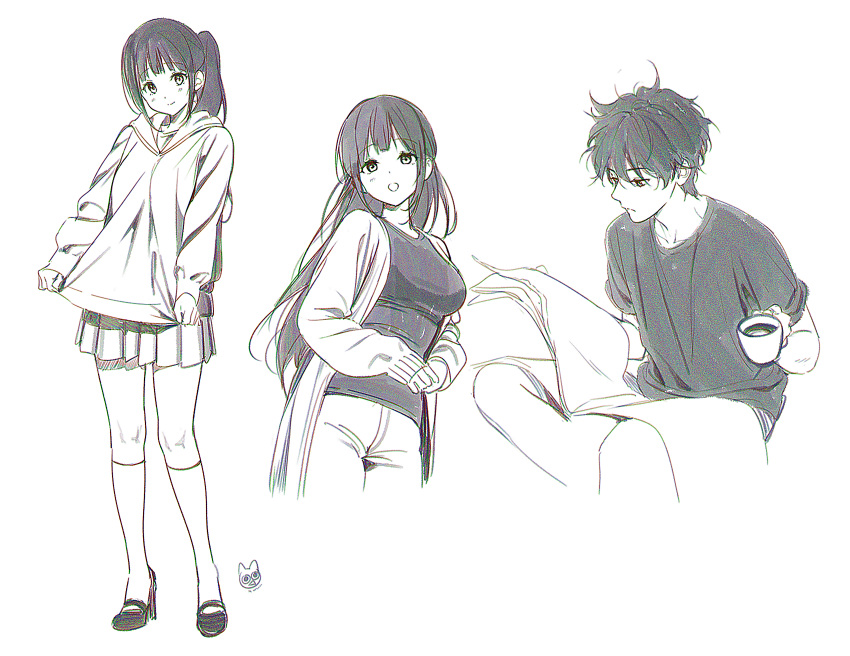 1boy 1girl :d alternate_costume artist_logo breasts chitanda_eru highres holding hood hoodie hyouka kneehighs large_breasts long_hair mery_(yangmalgage) messy_hair multiple_views oreki_houtarou pants pleated_skirt ponytail shirt shoes short_hair sitting skirt smile socks standing