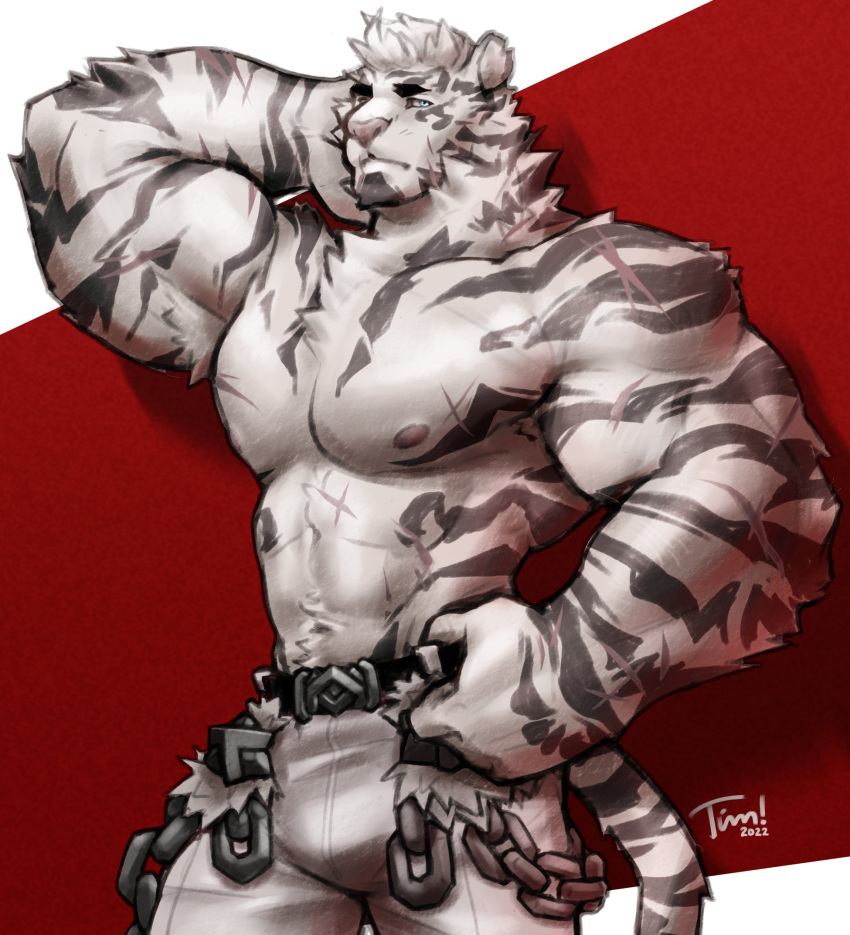 1boy abs animal_ears arknights artist_name bara blue_eyes chain cross_scar dated english_commentary furry furry_male highres male_focus mountain_(arknights) multiple_scars muscular muscular_male pants pectorals scar scar_on_arm scar_on_cheek scar_on_chest scar_on_face scar_on_stomach tail tiger_boy tiger_ears tiger_stripes tiger_tail tim_(shockjaws) topless_male white_pants