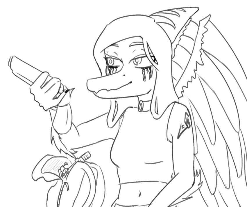 2024 anthro backpack black_and_white clothing crop_top dinosaur elbow_feathers eyelashes fang_(gvh) feathered_wings feathers female goodbye_volcano_high gun hair halter_top hi_res jacket_ignites long_hair makeup mascara mascara_tears midriff monochrome navel pterodactylus pterosaur ranged_weapon reptile scalie shirt sketch smile snout solo topwear weapon wings