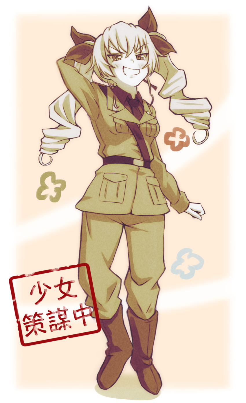 1girl absurdres anchovy_(girls_und_panzer) anzio_military_uniform arm_behind_head arm_up belt boots commentary dress_shirt drill_hair full_body girls_und_panzer grin hair_ribbon half-closed_eyes highres jacket knee_boots long_hair long_sleeves looking_at_viewer military_uniform muted_color necktie pants ribbon sam_browne_belt shirt smile smirk solo standing tama_kitsune translated twin_drills twintails uniform wing_collar