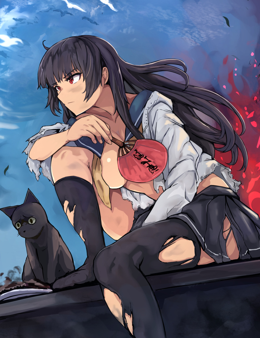 1girl absurdres black_cat black_hair black_skirt black_thighhighs blue_sky blunt_bangs breasts burnt_food cat dirty dirty_face fire hand_fan highres holding holding_fan isokaze_(kancolle) jyanen_tanpopo kantai_collection long_hair pleated_skirt red_eyes sailor_collar serious shirt skirt sky solo thighhighs torn_clothes torn_shirt torn_skirt torn_thighhighs white_shirt