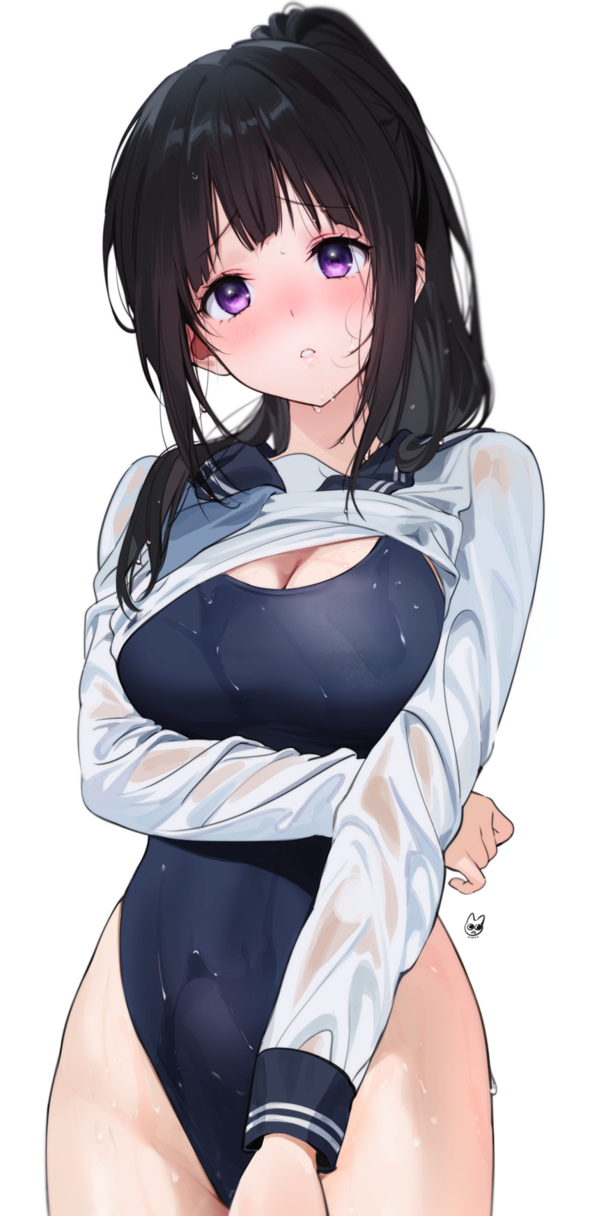 1girl absurdres arm_under_breasts artist_logo black_hair black_sailor_collar blush breasts chitanda_eru cleavage cowboy_shot gakuran highres hyouka kamiyama_high_school_uniform_(hyouka) kyoto_animation long_hair long_sleeves looking_at_viewer medium_breasts mery_(yangmalgage) parted_lips ponytail purple_eyes sailor_collar school_uniform serafuku solo swimsuit swimsuit_under_clothes thighs wet wet_clothes