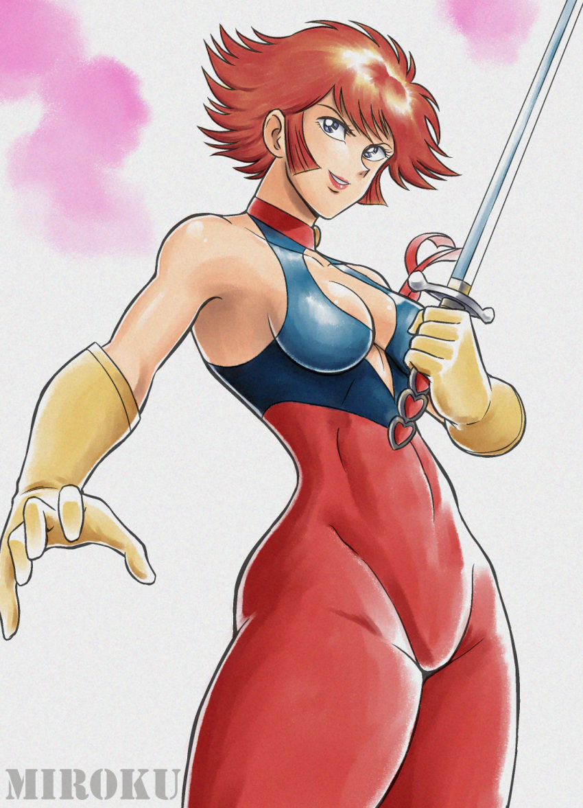 1girl armband armpits artist_name blue_eyes breasts choker cleavage cleavage_cutout clothing_cutout collarbone cutie_honey cutie_honey_(character) eyelashes gloves grin highres holding holding_weapon impossible_clothes looking_up magical_girl medium_breasts miroku_(miroku_t) nagai_gou_(style) official_style parody red_hair red_lips retro_artstyle short_hair sidelocks simple_background smile solo standing style_parody sword thick_thighs thighs two-tone_bodysuit weapon yellow_gloves