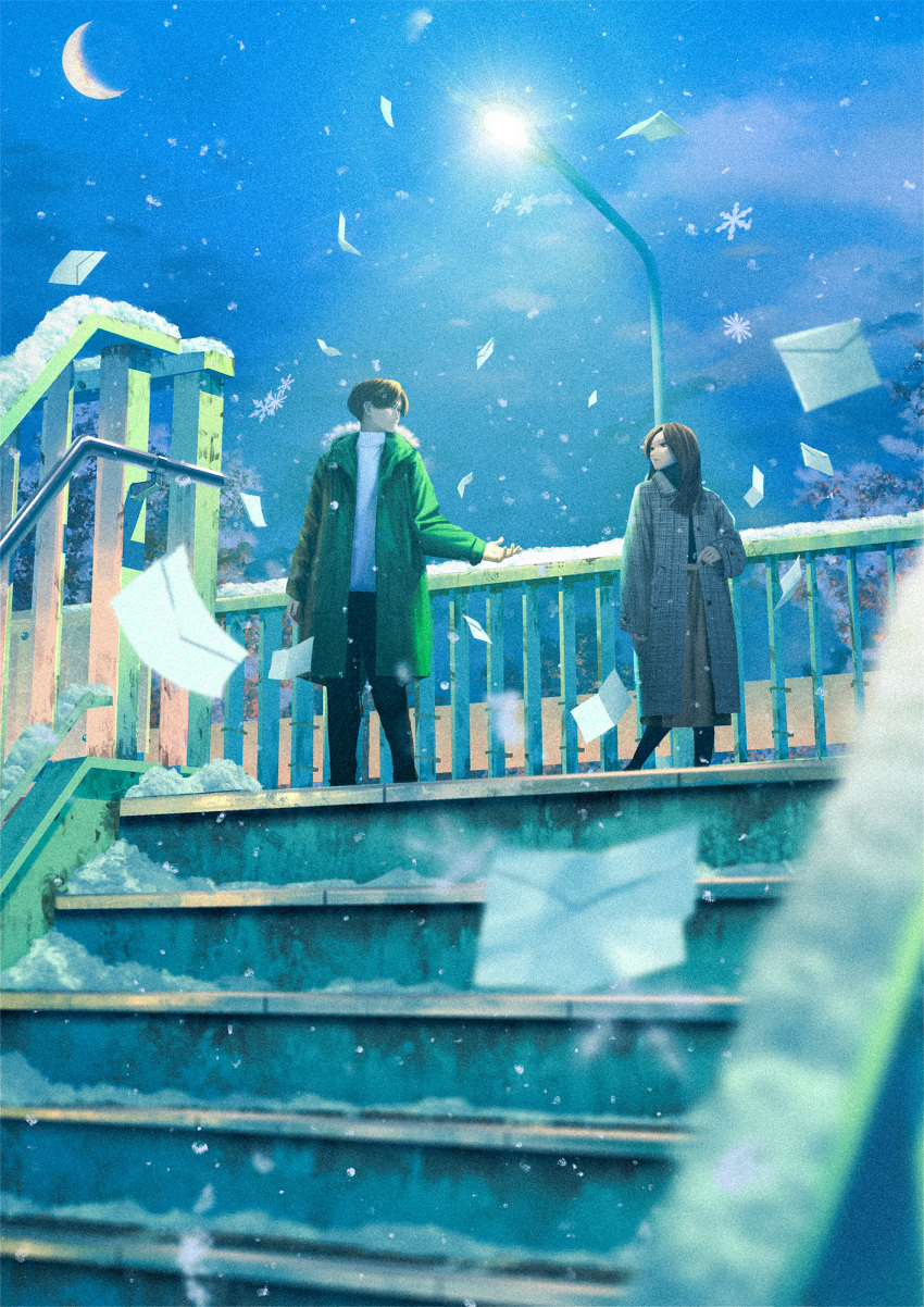 1boy 1girl black_pants brown_coat brown_hair brown_skirt cloud coat crescent_moon envelope green_coat highres lamppost moon night original outdoors pants skirt snow snowflakes stairs sweater tamaki_(tamaki_illust) white_sweater