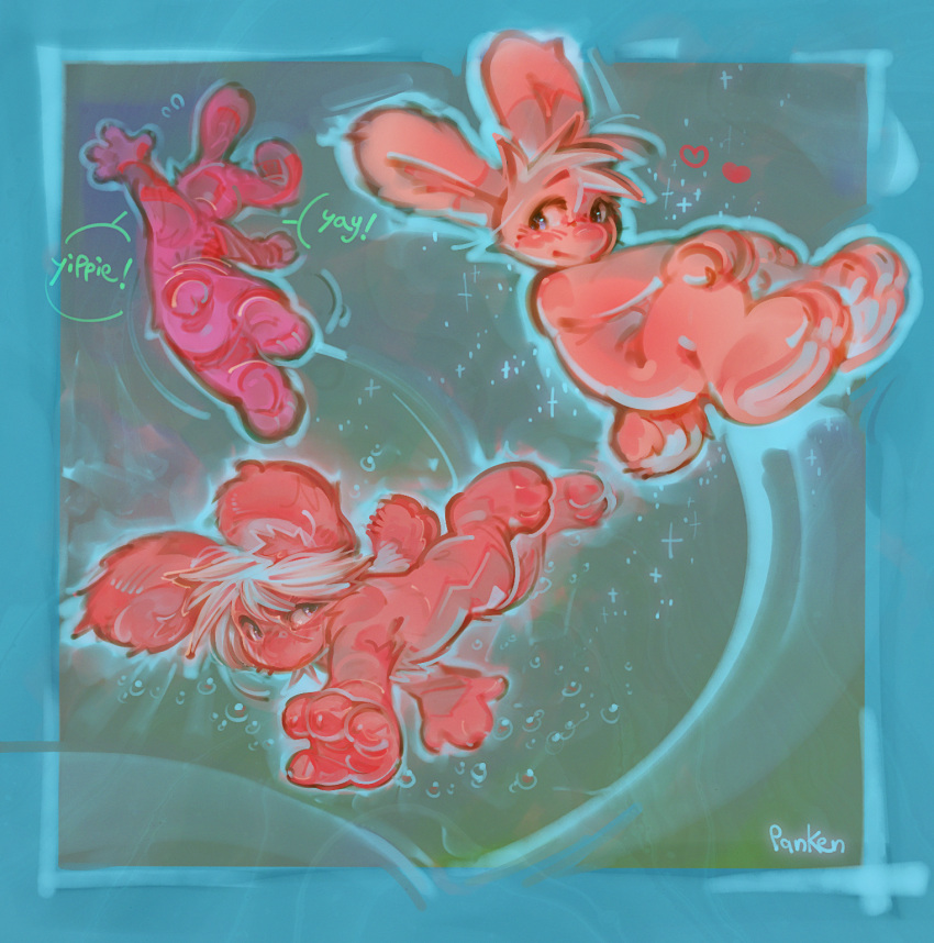 &lt;3 anthro blue_background bubble fur hair hi_res jumping lagomorph leporid looking_at_viewer male mammal panken pink_body pink_fur rabbit simple_background smile sparkles speech_bubble white_hair