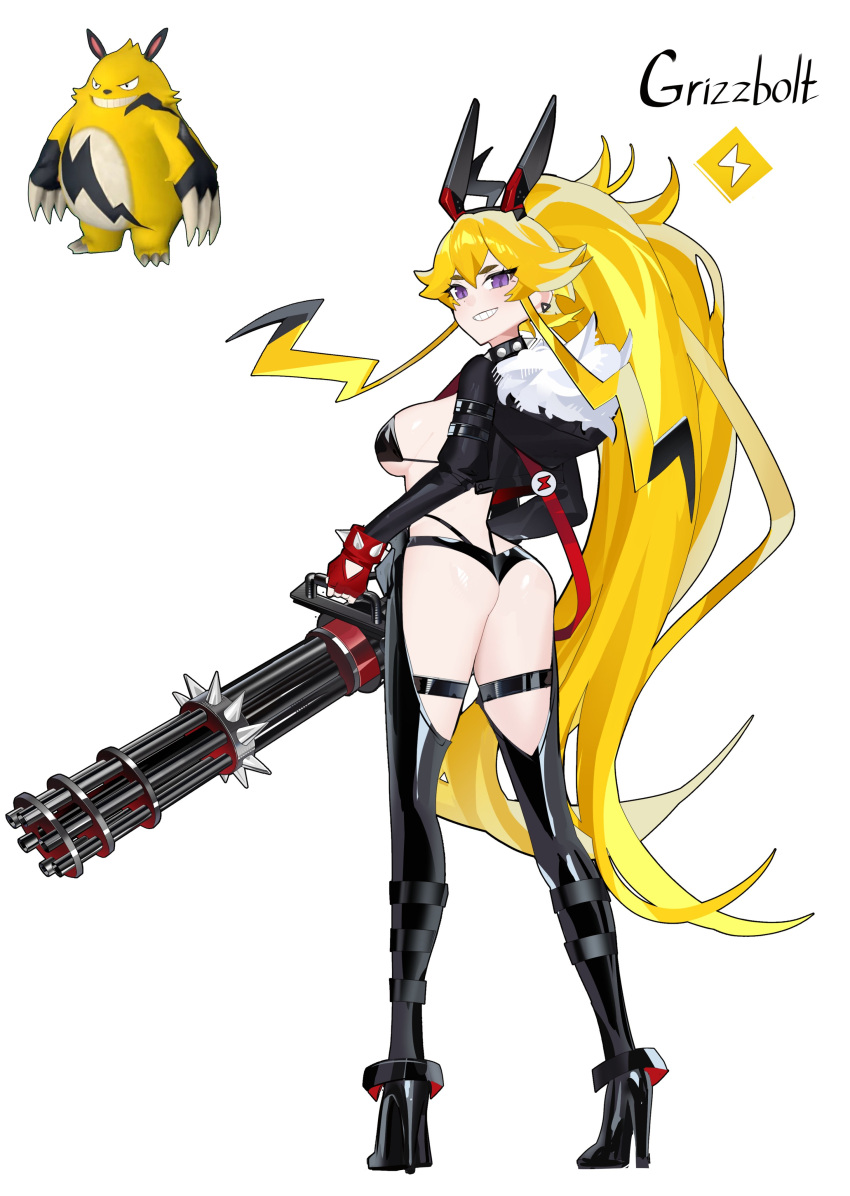 1girl absurdres ass blonde_hair boots breasts gatling_gun grin grizzbolt high_heel_boots high_heels highres large_breasts looking_at_viewer looking_back minigun palworld reiko_lape smile solo teeth