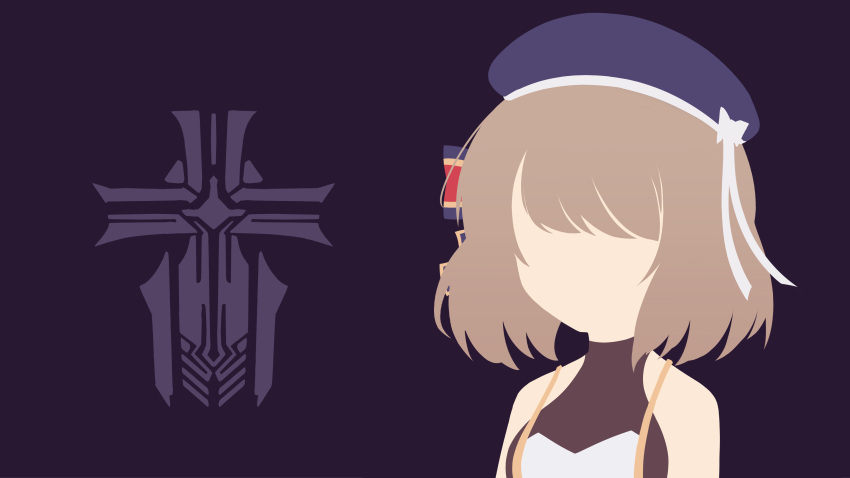 1girl absurdres azur_lane bare_shoulders beret blue_headwear bow breasts brown_hair commentary_request cross faceless faceless_female facing_viewer hair_bow hat hat_bow highres iron_cross medium_breasts purple_background rock_zinc simple_background solo striped_bow upper_body white_bow z23_(azur_lane)
