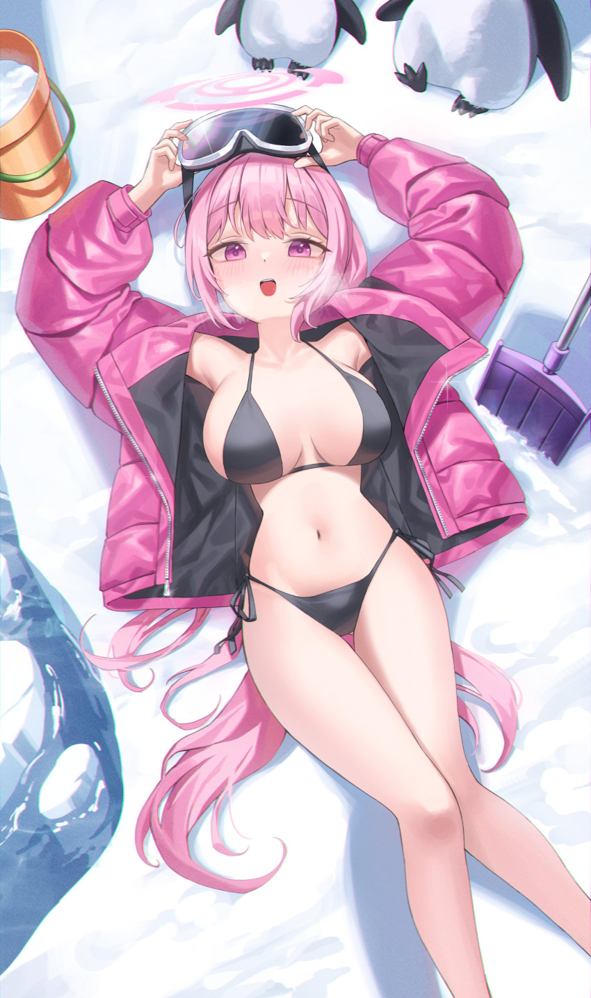 1girl absurdres bare_legs bikini bird black_bikini blue_archive blush breasts breasts_apart breath bucket down_jacket eimi_(blue_archive) eimi_(swimsuit)_(blue_archive) feet_out_of_frame glacier goggles halo highres holding holding_goggles jacket large_breasts long_hair looking_at_viewer lying mansu_(user_pnmp4287) navel official_alternate_costume on_back open_clothes open_jacket outdoors penguin pink_eyes pink_hair pink_jacket side-tie_bikini_bottom ski_goggles smile solo stomach swimsuit very_long_hair