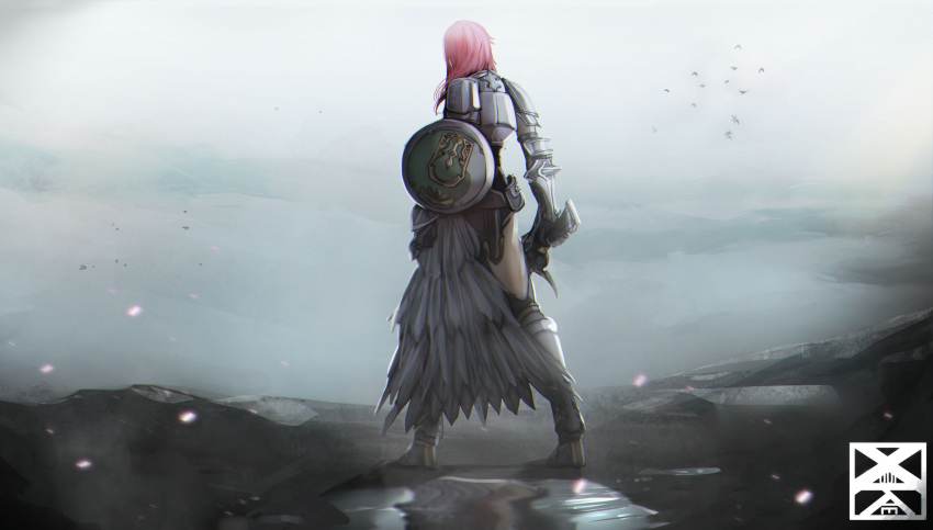 1girl absurdres armor armored_boots asymmetrical_clothes boots feather_skirt final_fantasy final_fantasy_xiii final_fantasy_xiii-2 from_behind full_body gauntlets highres holding holding_shield holding_sword holding_weapon lightning_farron long_skirt looking_afar medium_hair pink_hair puddle shield skirt solo sword thighs weapon xuuikie_ashe
