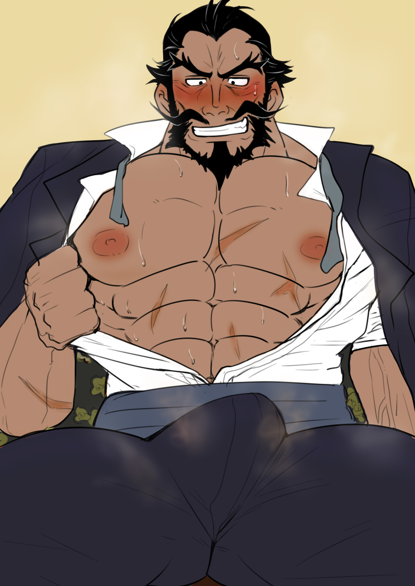 1boy abs absurdres bara bare_pectorals beard black_hair blush bulge cowboy_shot dark-skinned_male dark_skin erection erection_under_clothes facial_hair flexing_pectorals forked_eyebrows full_beard grin handlebar_mustache highres huwenlang jigokuraku large_pectorals long_mustache male_focus mature_male muscular muscular_male necktie nipples official_alternate_costume old old_man pants pectorals short_hair smell smile solo suit sweat tamiya_gantetsusai thick_beard thick_eyebrows thick_thighs thighs undone_necktie very_sweaty