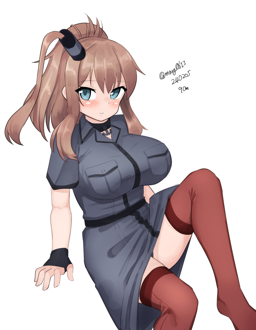 1girl absurdres anchor_ornament blue_eyes breast_pocket breasts brown_hair dress grey_dress high_side_ponytail highres kantai_collection large_breasts long_hair looking_at_viewer maru_(marg0613) one-hour_drawing_challenge pocket ponytail red_thighhighs saratoga_(kancolle) saratoga_mk_ii_(kancolle) side_ponytail simple_background sitting smokestack_hair_ornament solo thighhighs white_background