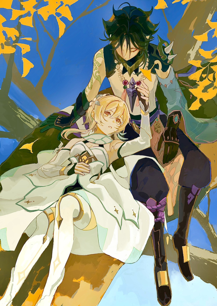 1boy 1girl arm_tattoo arm_up armor bare_shoulders black_gloves black_pants blonde_hair blue_sky couple dress genshin_impact ginkgo_leaf gloves green_hair hetero highres holding holding_jewelry holding_necklace jewelry lap_pillow leaf looking_down lumine_(genshin_impact) lying n.s.egg necklace on_back on_tree outdoors pants pauldrons pearl_necklace shirt shoulder_armor single_bare_shoulder single_pauldron sitting sky sleeveless sleeveless_dress tattoo thighhighs white_dress white_shirt white_thighhighs xiao_(genshin_impact) yellow_eyes