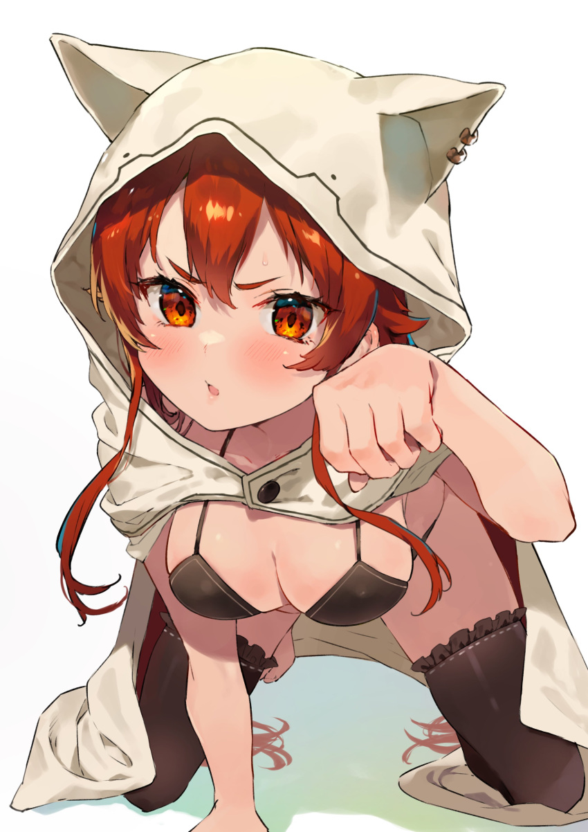 1girl absurdres animal_hood black_bra black_thighhighs blush bra breasts cleavage cloak commentary eris_greyrat frilled_thighhighs frills hair_between_eyes hand_up highres hood hood_up hooded_cloak long_hair looking_at_viewer medium_breasts mokkori mushoku_tensei open_mouth paw_pose red_eyes red_hair simple_background solo thighhighs underwear v-shaped_eyebrows white_background white_cloak