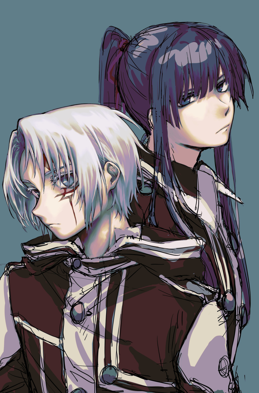 2boys absurdres allen_walker black_hair black_order_uniform blue_eyes blue_hair closed_mouth colored_eyelashes commentary_request d.gray-man dark_blue_hair expressionless grey_background grey_eyes hair_between_eyes high_ponytail highres kanda_yuu long_bangs long_hair looking_at_viewer male_focus multiple_boys nemui_draw scar scar_across_eye short_hair upper_body white_hair