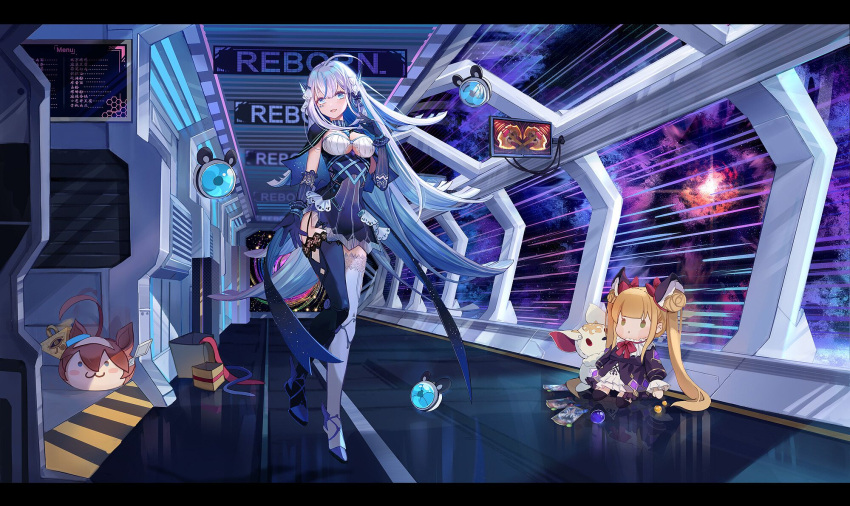 1girl ahoge another_project asymmetrical_legwear blue_capelet blue_gloves blue_hair blue_legwear blue_skirt braid breasts capelet chinese_commentary cleavage clothing_cutout colored_inner_hair doll elbow_gloves gloves highres long_hair luna_(shadowverse) lv0_mofa_shi_cm_limi mihono_bourbon_(umamusume) millennium_puzzle mismatched_legwear multicolored_hair open_hand rola_(vtuber) science_fiction second-party_source shadowverse silver_hair skirt solo space streaked_hair stuffed_toy thighhighs trading_card umamusume underboob underboob_cutout very_long_hair virtual_youtuber walking white_legwear yu-gi-oh!
