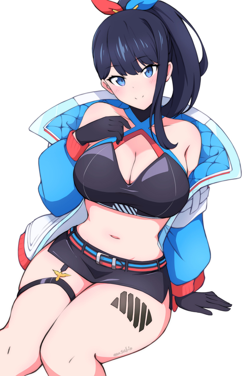 1girl absurdres bandeau bare_shoulders belt black_bandeau black_gloves black_hair black_skirt blue_background blue_eyes blue_sleeves breasts cleavage collarbone cowboy_shot gloves gridman_universe gridman_universe_(film) hair_between_eyes hair_ribbon halterneck highres jacket long_hair long_sleeves looking_at_viewer masakin midriff miniskirt navel official_alternate_costume official_alternate_hairstyle open_clothes open_jacket pencil_skirt ponytail ribbon sidelocks signature simple_background sitting skindentation skirt small_breasts solo ssss.gridman standing takarada_rikka thick_thighs thigh_strap thighs white_jacket